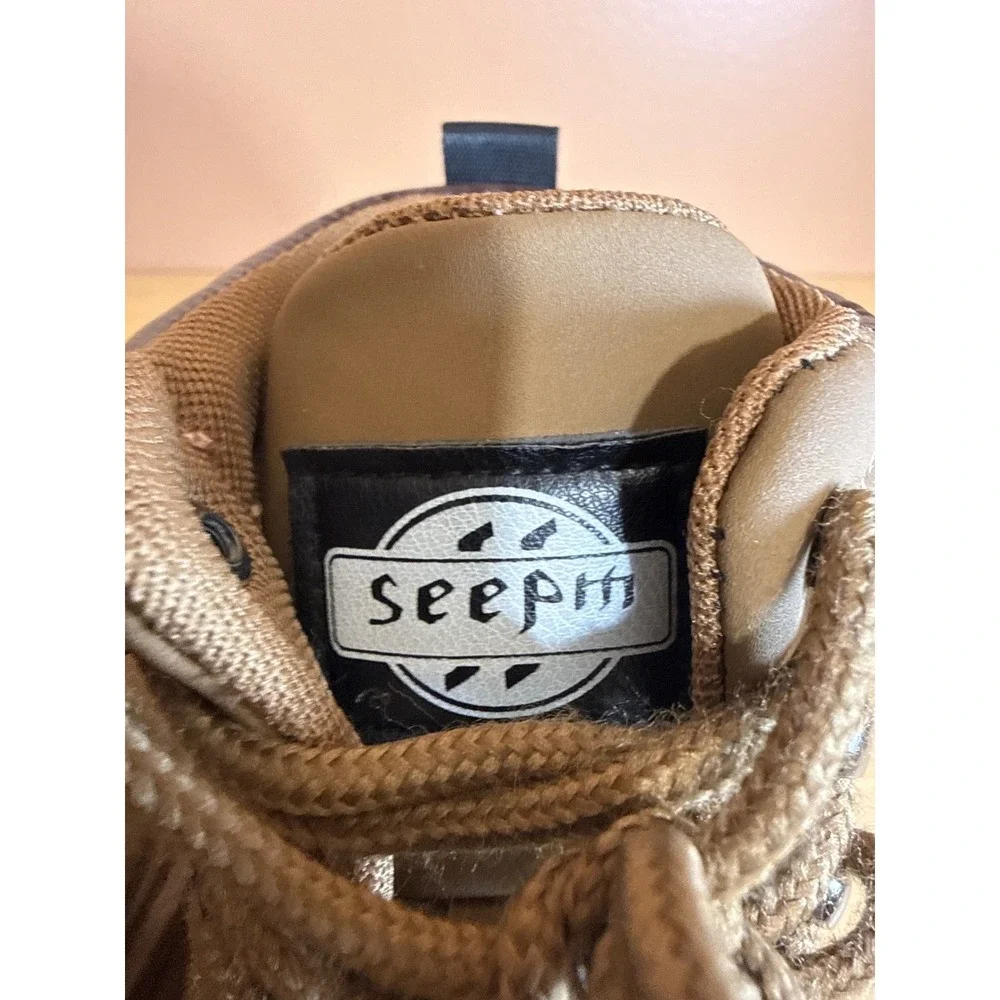 Seepm Mens Tan Brown Combat Work Boots Size 43 Lace Up Padded Collar Lug Sole